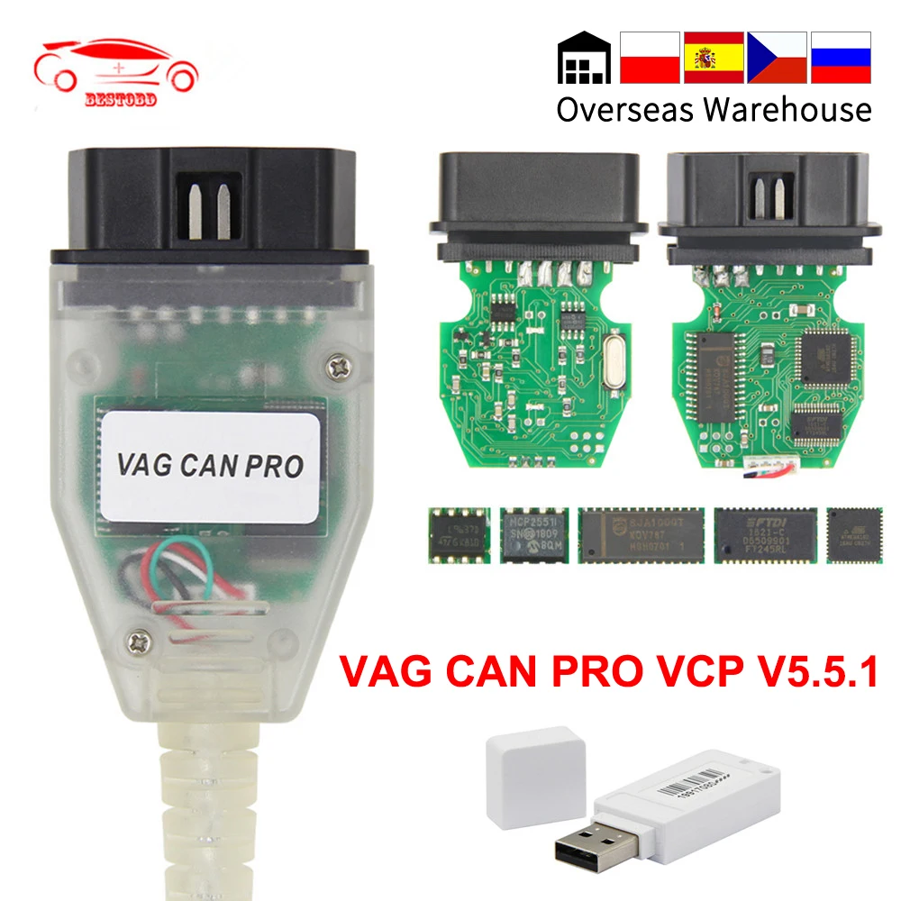 O vag pode pro v5.5.1 com a microplaqueta vcp da microplaqueta de ftdi ft245rl obd2 cabo de usb da relação diagnóstica suporte pode bus uds k linha trabalha para audi/vw