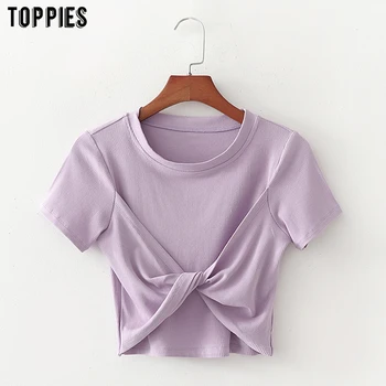 

toppies 2020 fashion knot tops womens summer cropped tops short sleeve violet t-shirts round neck