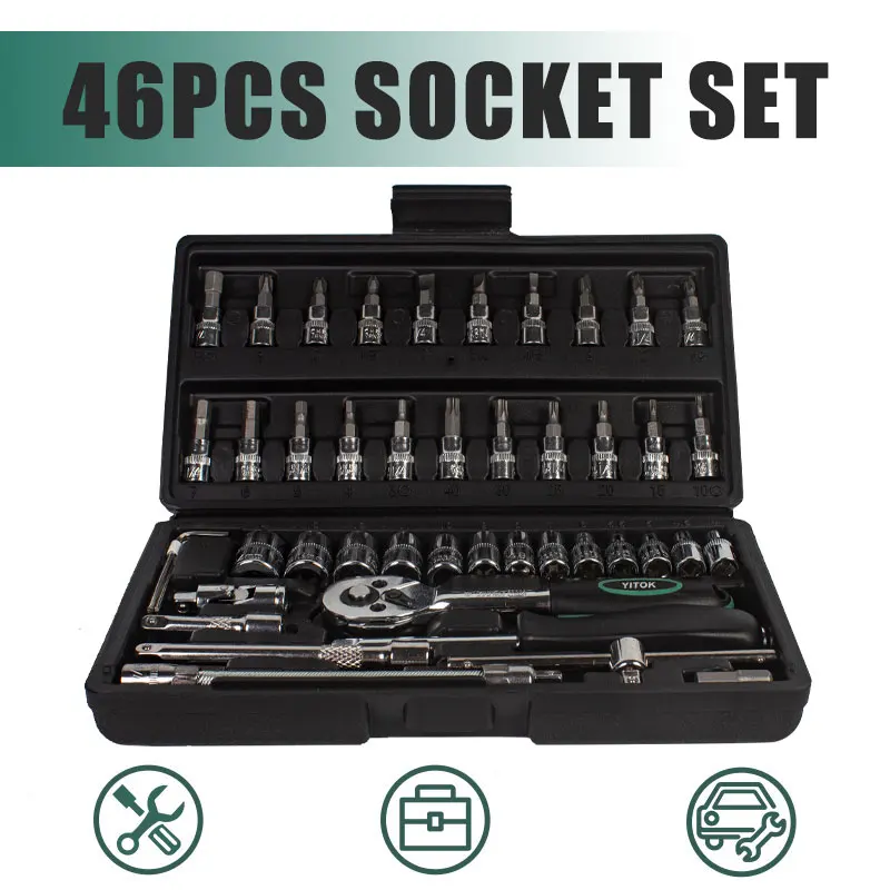 

1/4" 46pcs Socket Set Multifunctional Bicycle Repairing Tool Set Wrench Sockets T Bar Hex Keys Car Bike Tool Set with Toolbox