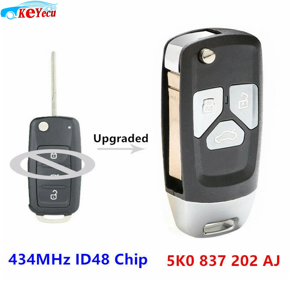 Keyecu Модернизированный дистанционный ключ 434 МГц ID48 5K0837202AJ для Volkswagen Caddy/Polo/Transporter/Beetle/J* etta/Touran/Golf 6/Tiguan/Eos/