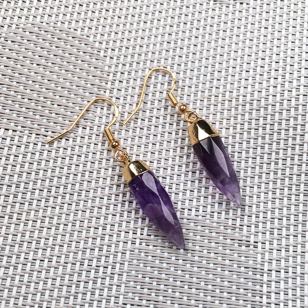 

2019 wholesale New Women Nature Stone Earrings Stud Jewelry Handmade long pointed cone amethysts Stone Earring