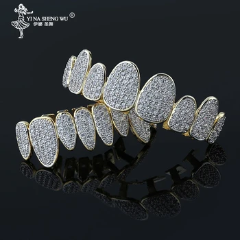 

New Arrival Hip Hop Gold Color Iced Out Teeth Grillz Top & Bottom Grills Dental Mouth Punk Teeth Caps Cosplay Party Jewelry