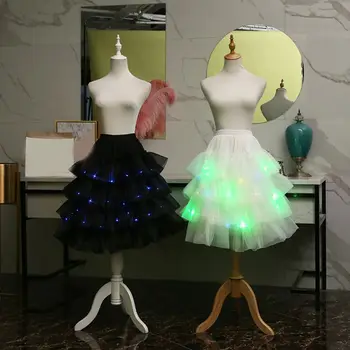 

Women Lolita Layered Tulle Skirt LED Light Luminous Petticoat Tiered Ruffled Elastic Waist Bustle Hoopless Underskirt