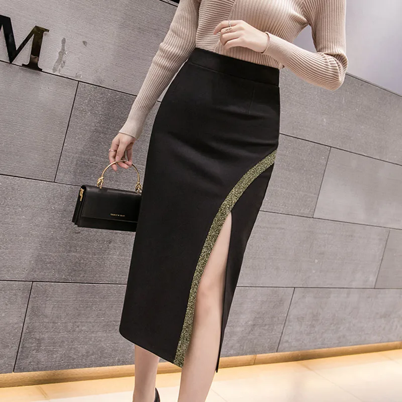 

shintimes Patchwork Skirts Women Slim Sexy Split Black Skirt High Waist Bodycon Office Pencil Skirt 2020 Summer Faldas Mujer