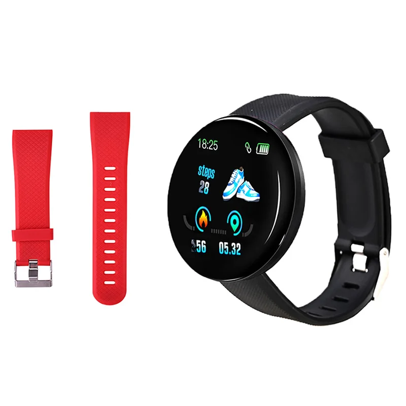 with Red strap D18 Смарт-часы, трекер сна, трекер сердечного ритма, умные часы для мужчин и женщин, кровяное давление, спортивные круглые умные часы, часы с кислородом крови - Color: with Red strap