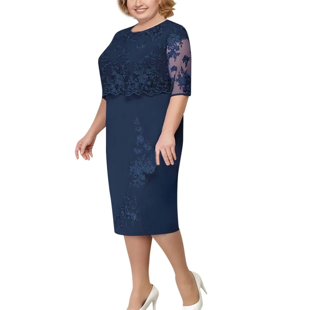 Платье размера плюс 35 и 5XL, женское кружевное платье средней длины с коротким рукавом, винтажное элегантное вечернее платье для мамы
