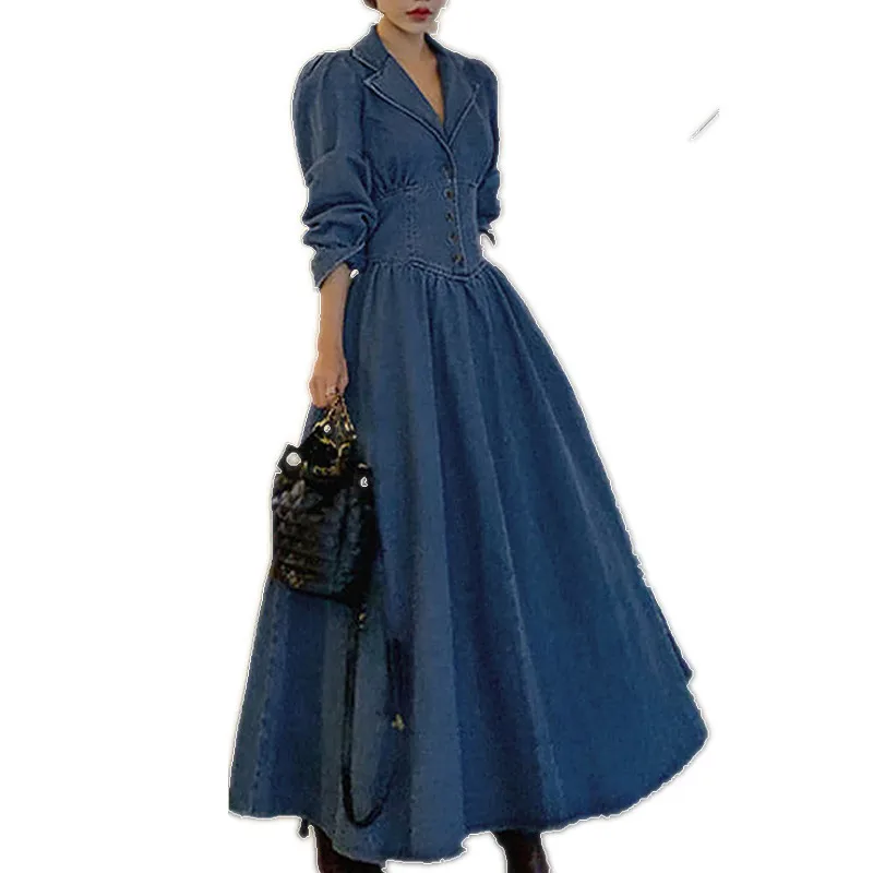 spring autumn vintage puff sleeve denim dress women v-neck high waist slim big swing long a-line dress