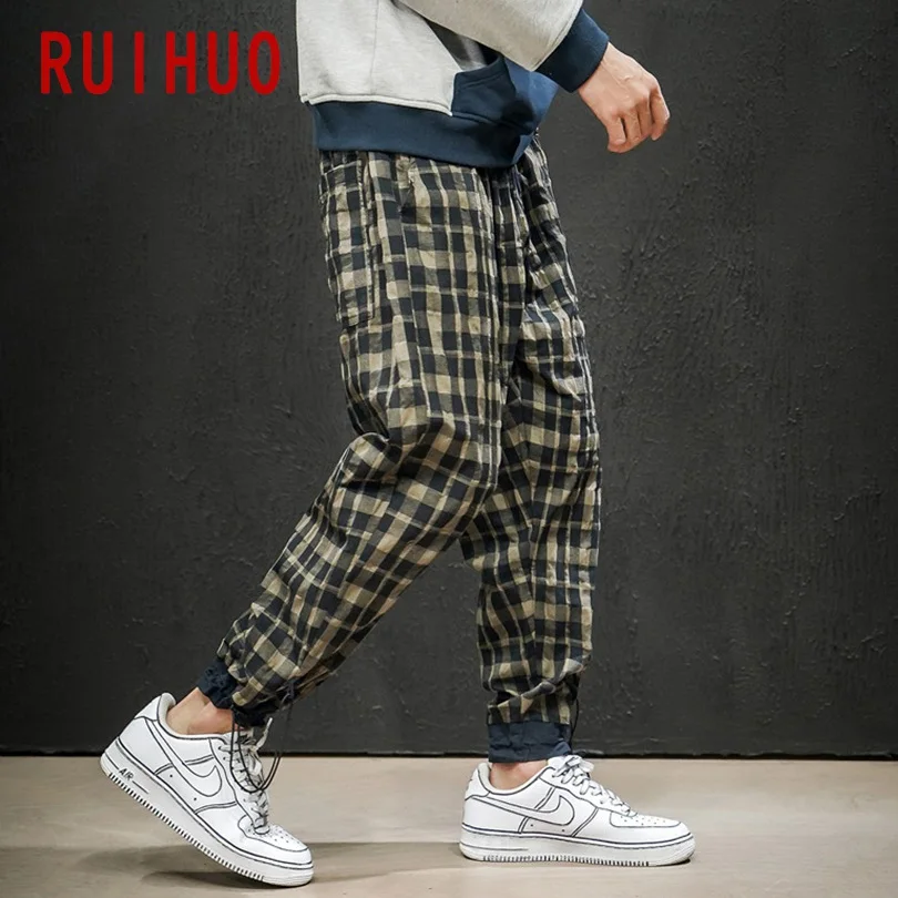 RUIHUO, клетчатые повседневные штаны, мужские уличные винтажные штаны, мужские Модные брюки, мужские штаны в стиле хип-хоп, спортивные штаны, 5XL, Новинка осени