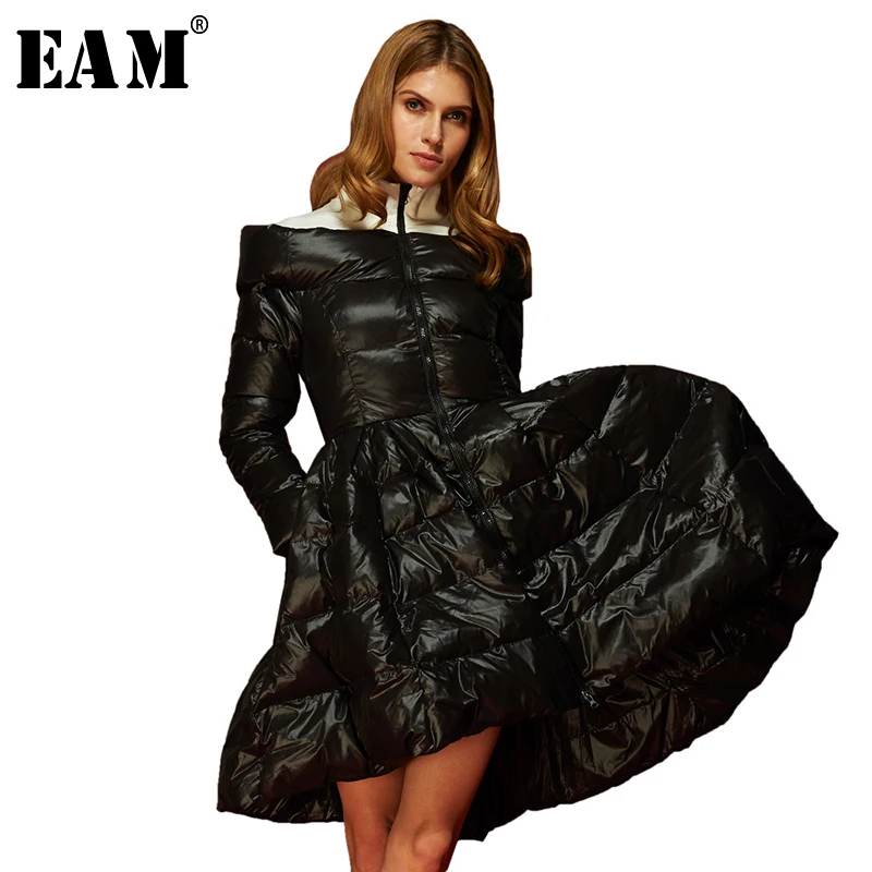 

[EAM] Loose Fit Mixed Color Big Hem Down Jacket New Stand Long Sleeve Warm Women Parkas Fashion Tide Autumn Winter 2019 1A385