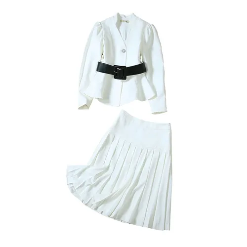 

Women's Elegant A-line Pleated Skirt Suit Fashion Office Lady Clothes Set Spring Autumn Runway Two Piece Set Female White Blazer
