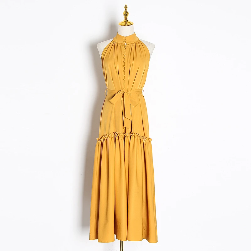 yellow TWOTWINSTYLE сексуальное платье с рюшами для женщин со стоячим воротником без рукавов с высокой талией на шнуровке с оборками платья для женщин модная одежда - Цвет: yellow