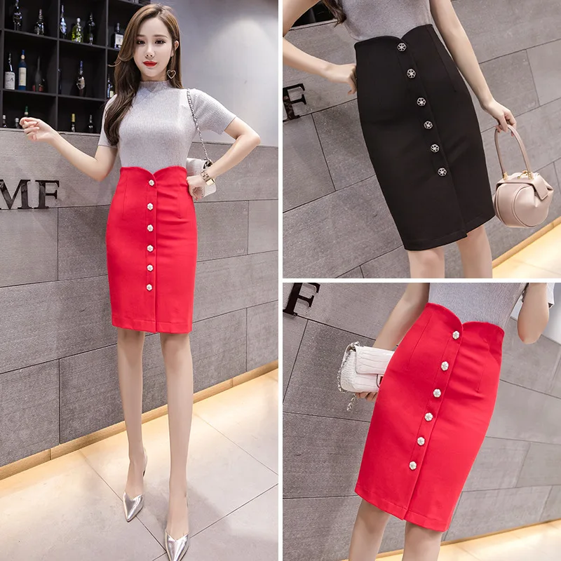 

2019 Spring And Summer New Style Korean-style Skirt Mid-length Slip Buckle Sheath Slit One-step Skirt High-waisted Business Dres