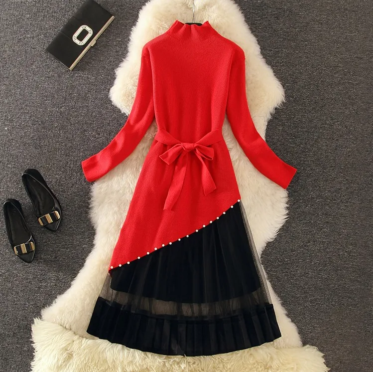 Autumn Women's High Collar Beads Irregular Knit Sweater Dress+ Elastic Waist Pleated Mesh Skirt Two Piece Sweet Skirt Sets