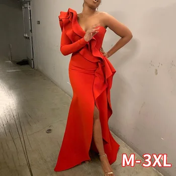 

African Style Elegant Party Sexy Vintage Women Long Dresses One Shoulder Bodycon Split Female Ruffles Maxi Red Dress