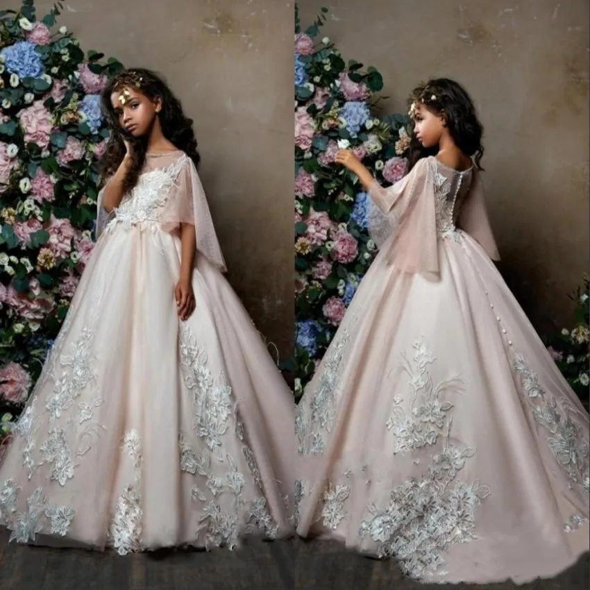

Newest Fashion Scoop Neck Flower Girl Dresses Lace Applique Ball Gown Kids Birthday Ruffles Sleeve Girls Pageant Dresses