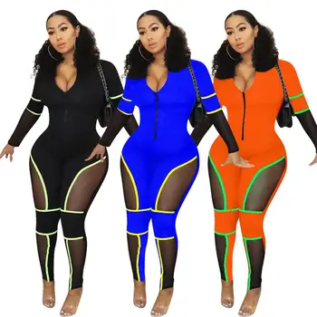 

European and American women's 2019 sexy mid-waist without belts tight-fitting perspective jumpsuit trousers women's clothing