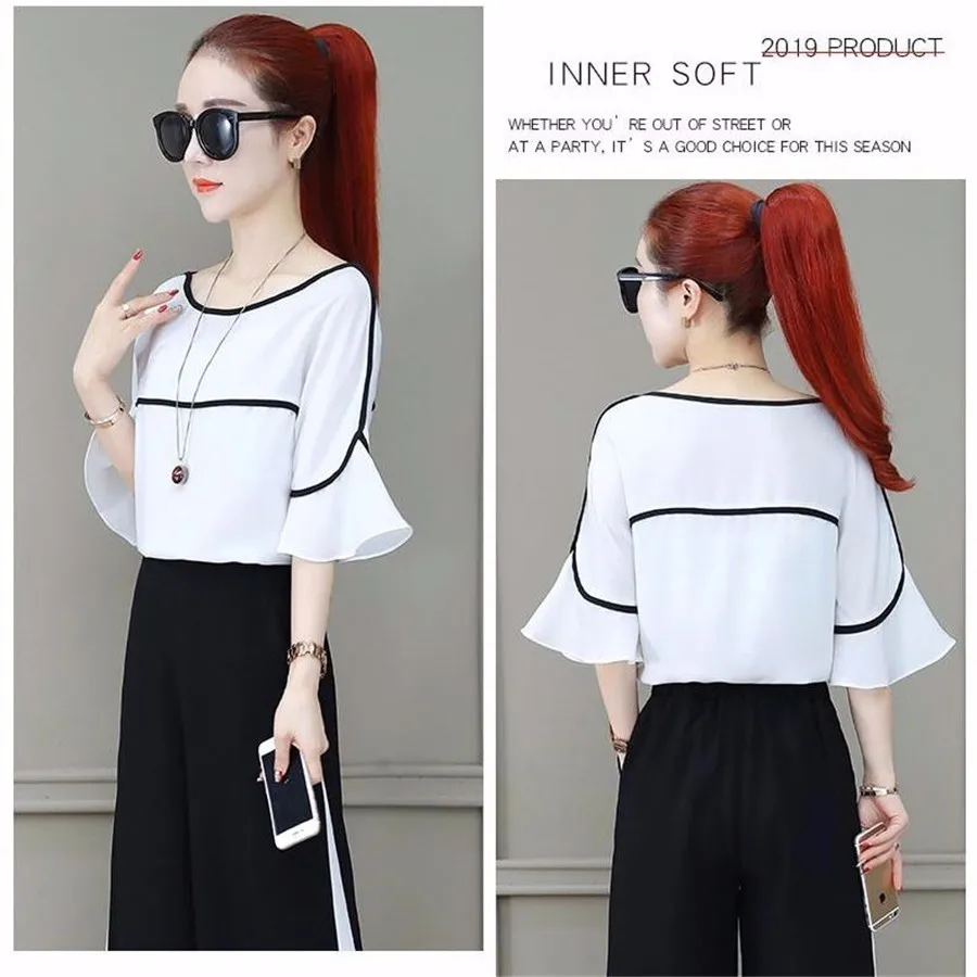 Женский костюм с коротким рукавом и широкими штанинами высокой талией комплект