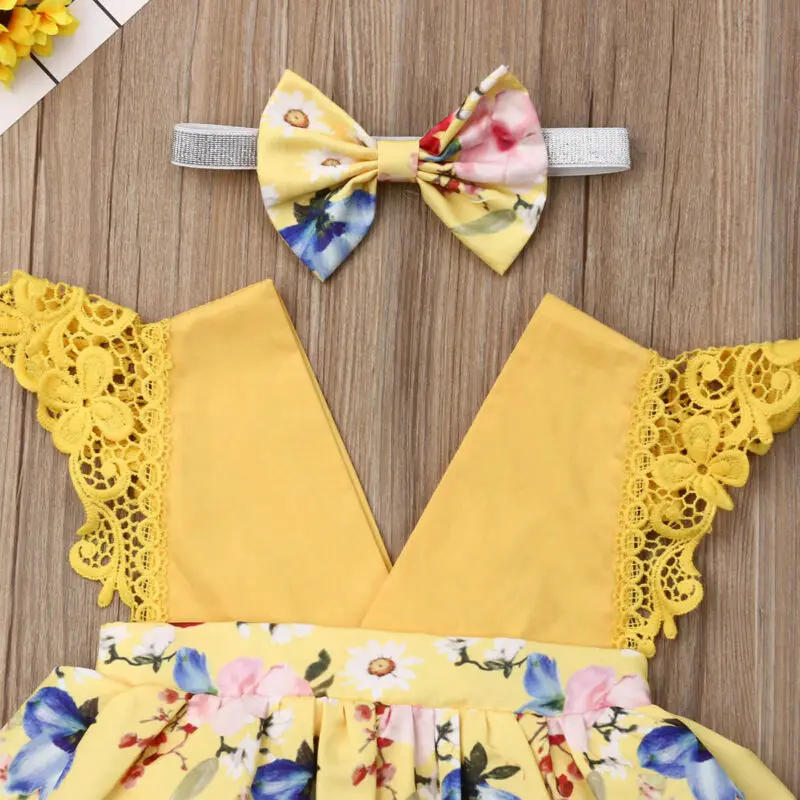Брендовое боди для новорожденных девочек+ повязка на голову Юбка комбинезон с v-образным вырезом комплект одежды из 2 предметов, желтый цвет