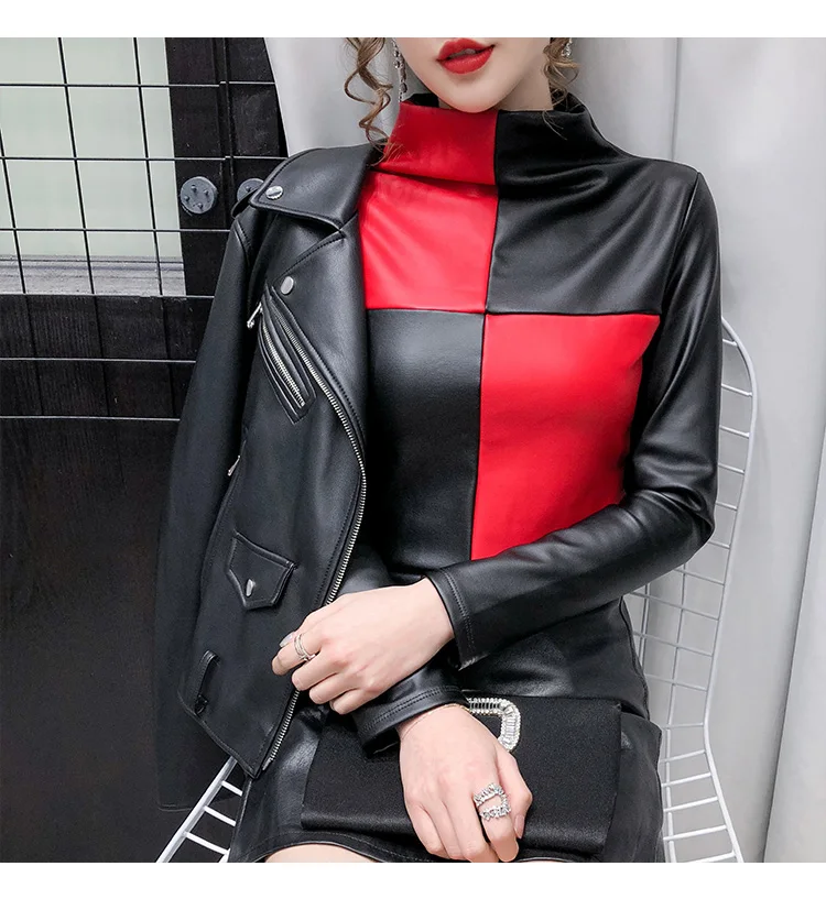 Autumn Plus size women blouse fashion patchwork colors turtleneck pullovers bottoming shirt velvet soft PU leather blouses tops satin shirts for women