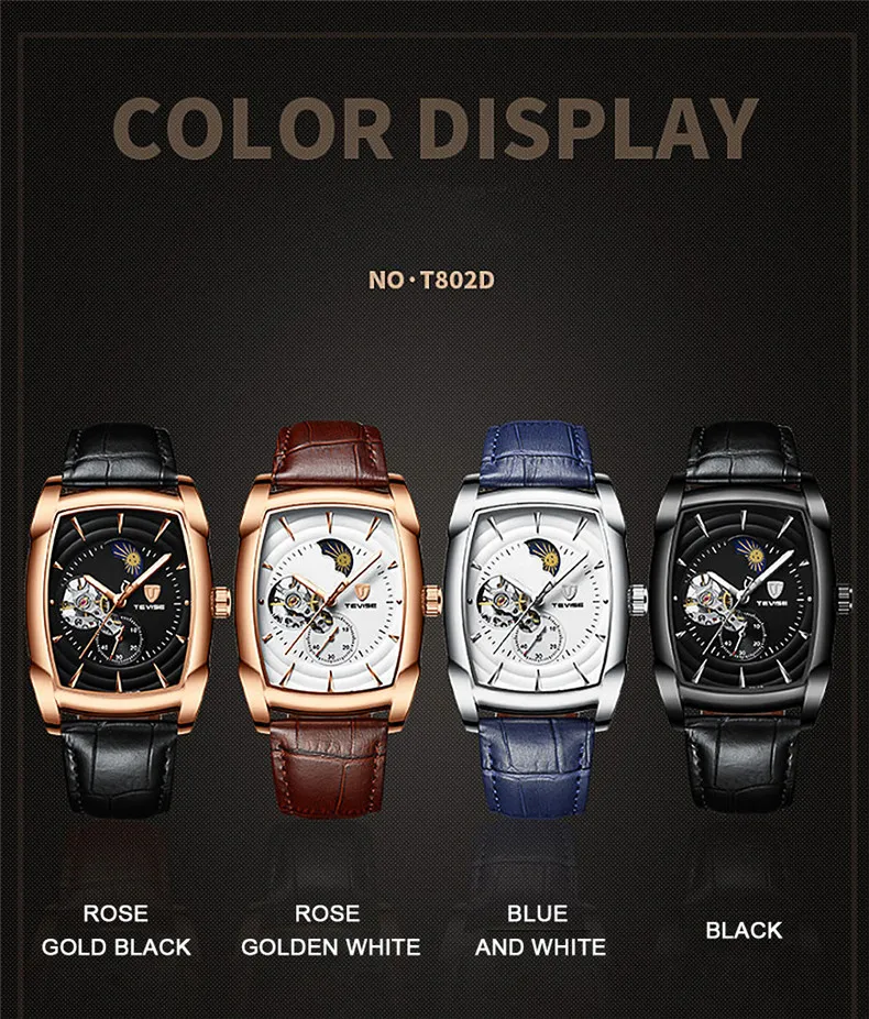 Прямоугольное, прозрачное часы Tourbillon, мужские механические часы с автоматической обмоткой, кожаные Наручные часы, водонепроницаемые часы Montre Moon Phase