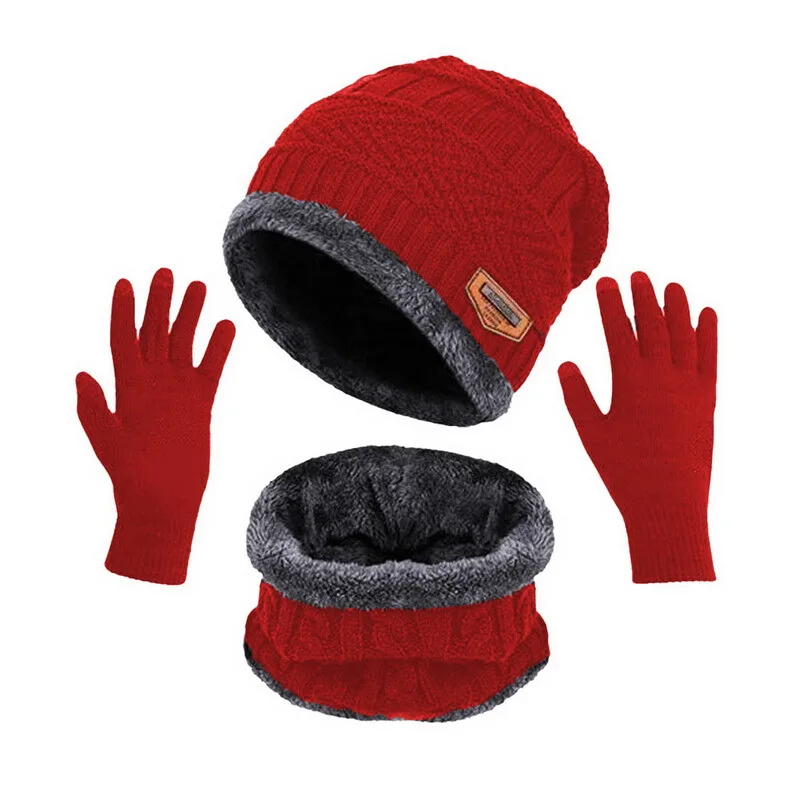 Unisex Beanies Hat Ring Scarf Gloves Set Winter Knitted Thick Warm  Women Men Solid Retro Beanie Hat Soft Touch Screen Gloves