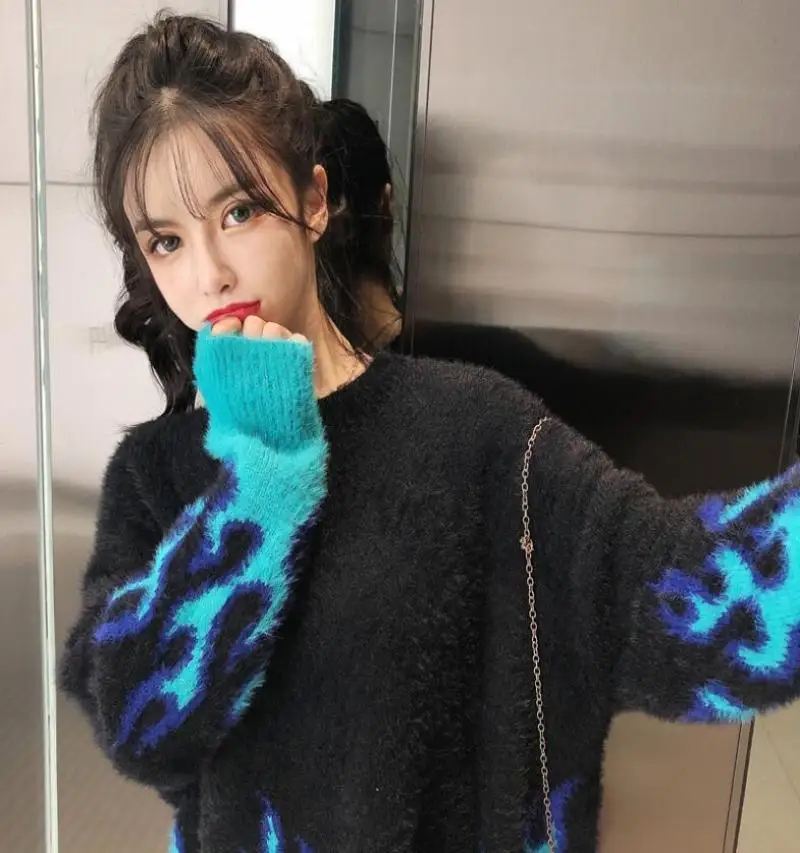 Streetwear flame pattern loose Knitted pullover sweater women long sleeve O-Neck Print sweater Autumn winter fashion New Arrival Streetwear flame pattern loose Knitted pullover sweater women long sleeve O-Neck Print sweater Autumn winter fashion New Arrival