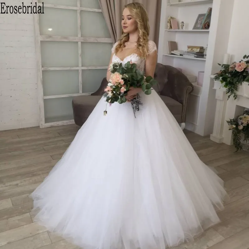 

Short Sleeve Plus Size Wedding Dress 2020 Lace Ball Gown Wedding Button Back with Small Train Simple Lace Beads Free Customized