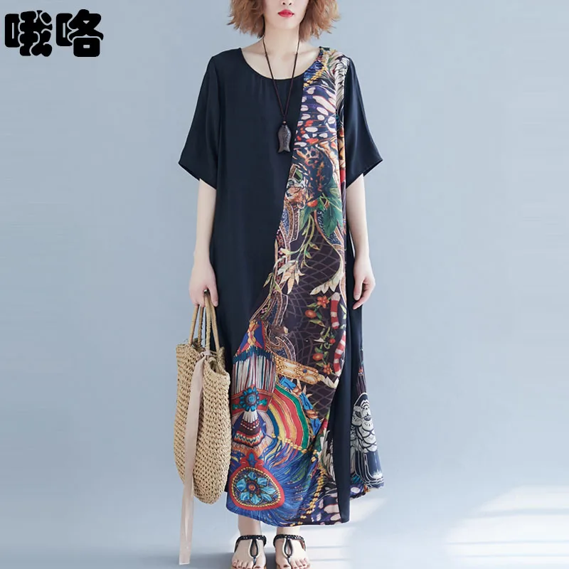 

Plus Size Chiffon Floral Beach Long Dress Women 2020 Summer Patchwork Ladies Dresses Black Casual Dress Robe Femme Jurk Dress