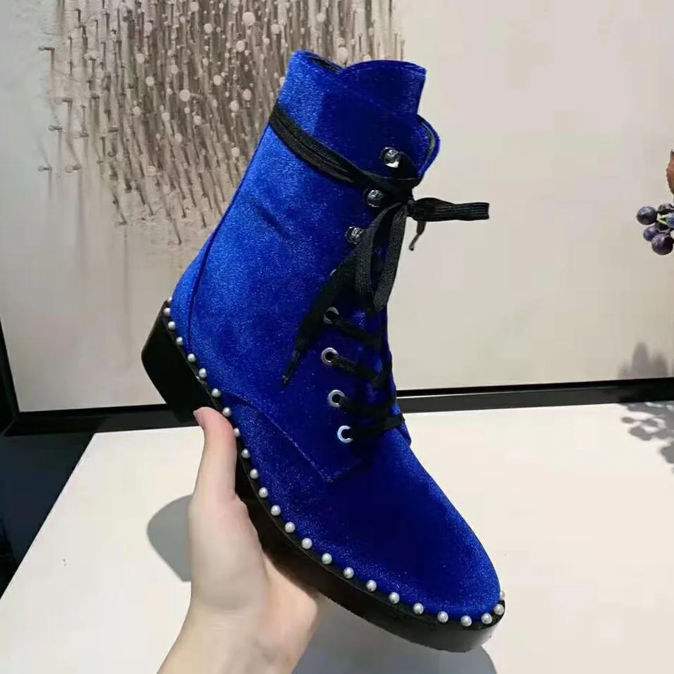 Blue Женские Ботильоны на каблуке с бусинами; женские мотоциклетные ботинки из натуральной кожи; Роскошные брендовые дизайнерские флоковые ботинки на шнуровке; большие размеры - Цвет: Blue