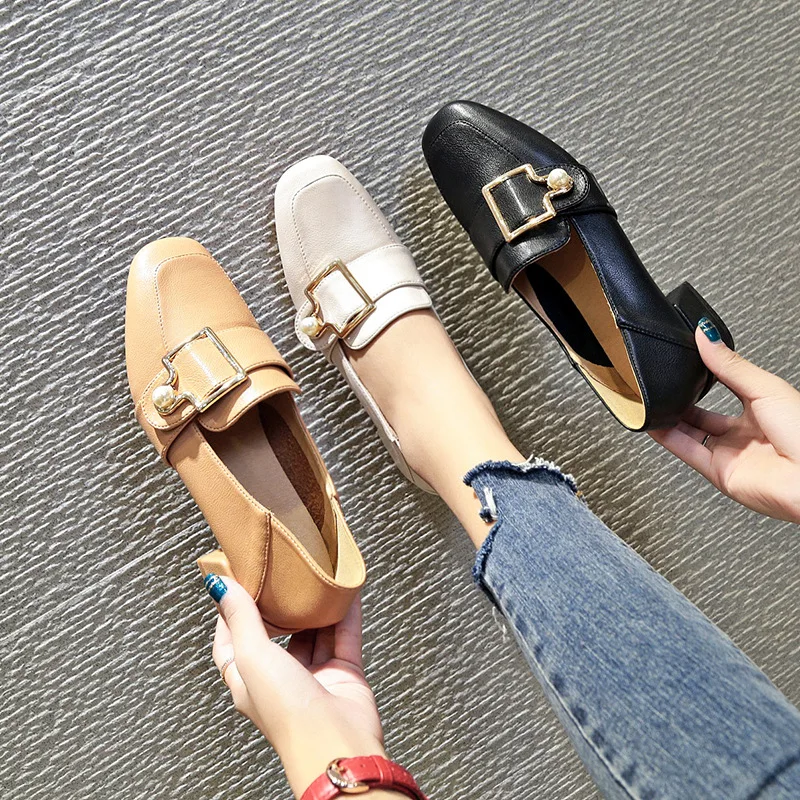 

Chunky-Heel Shoes Women's 2019 Spring New Style Soft Girl Small Leather Shoes Fairy Versatile Korean-style Slip-on Semi-high Hee