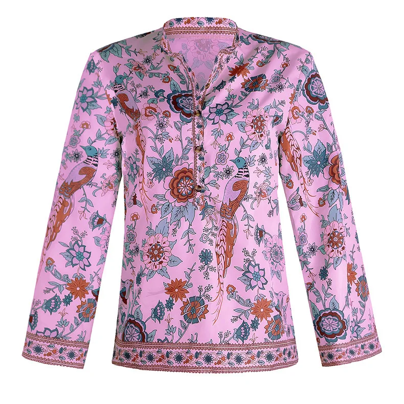 Женские топы и блузки размера плюс, Boho, с принтом павлина, свободная одежда, на пуговицах, с длинным рукавом, винтажные женские рубашки, 3XL 4XL 5XL