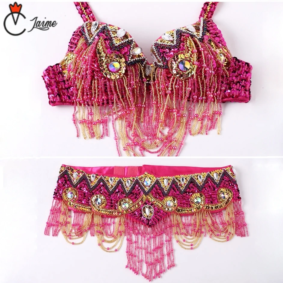 Oriental Women Belly Dance Clothes Eastern Style Beaded Round neck bra Belt Set Beaded Costumes for Belly Dancer's