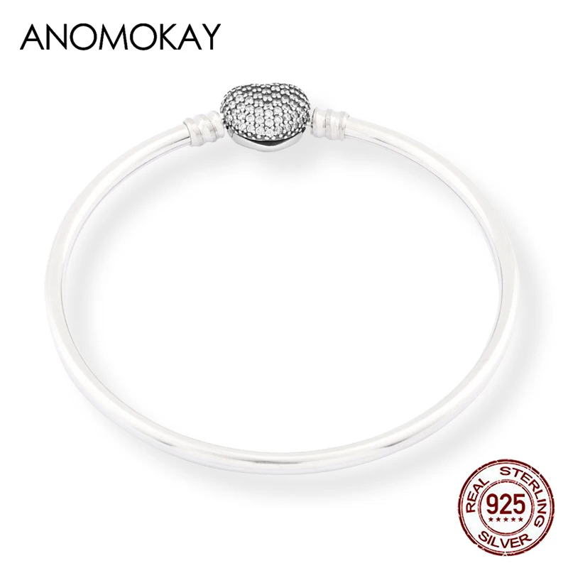 Anomookay,, 925 пробы, серебряный, базовый браслет, белый CZ, любовь, сердце, застежка, шарм, бусина, жесткий браслет для женщин, пар - Окраска металла: S925 Heart Bracelet