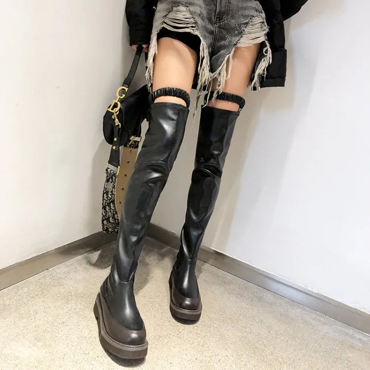 Модные ботфорты из натуральной кожи; женские кожаные сапоги на низком каблуке в стиле панк-готика; высокие сапоги в стиле милитари для верховой езды