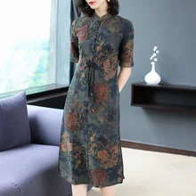 Ханчжоу шелк тутового шелкопряда черепаха трещина Шелковый Лютик Платье женское средней длины летнее тяжелое шелковое женское платье