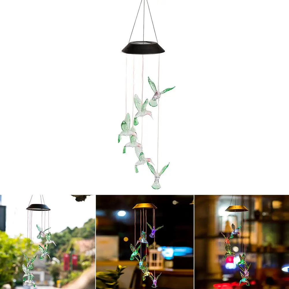 

New Solar Powered LED Wind Chime Transparent Hummingbird Wind Chime Color-Changing Waterproof for Party Patio Yard Garden Decor