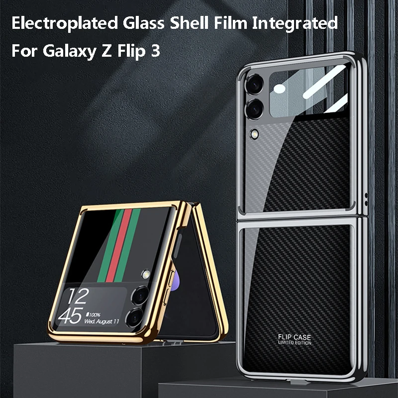 samsung galaxy flip3 case Luxury Outer Screen Tempered Glass Case For Samsung Galaxy Z Flip 3 5G Plating Frame Protection Case For Galaxy Z Flip3 5G funda galaxy z flip3 phone case