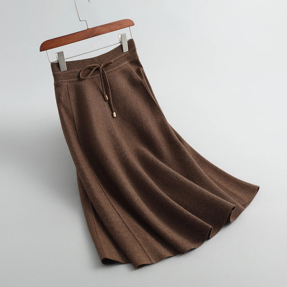 High Waist Wool Knitted Drawstring Waist Women Winter A-Line Long Skirt Stretch Women Autumn Skirt Faldas Jupe Femme Saia