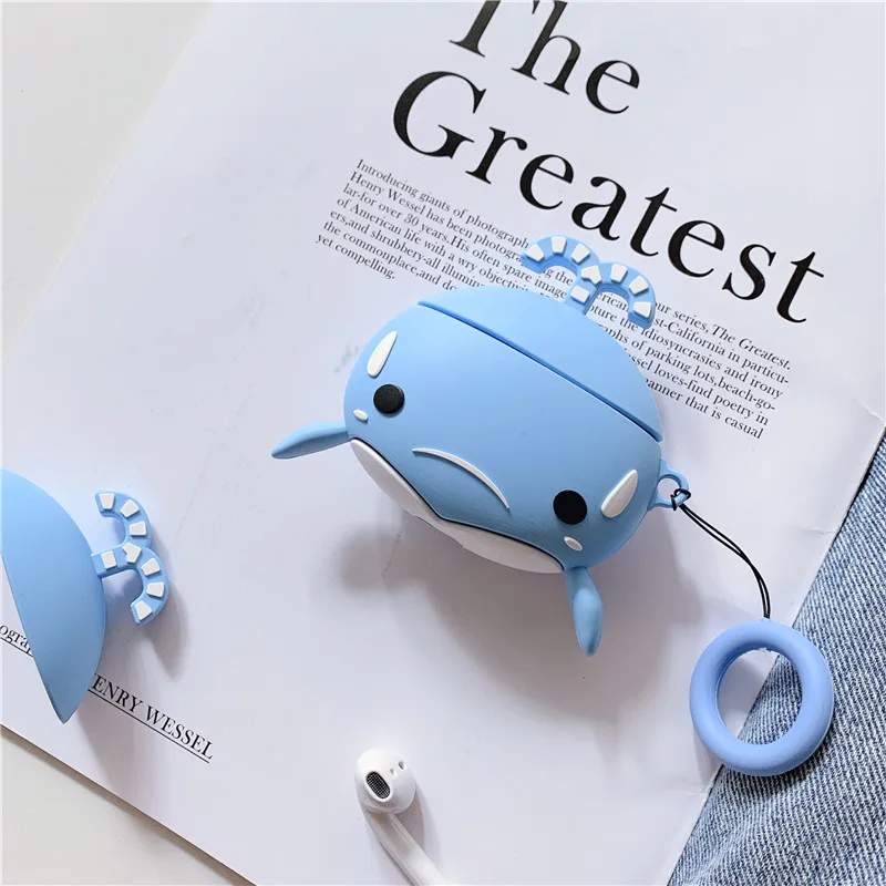 

Bluetooth Earphone Case For Airpods 1 2 Case Cover 3D Cartoon Blue Whale Silicone Case For Air pods 1 2 Case With Ring Buckle