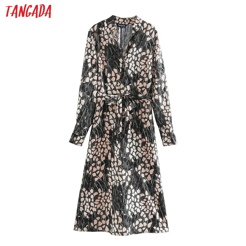 

Tangada fashion women flowers print elegant chiffon dress with slash v neck Long Sleeve Ladies fit midi Dress Vestidos XN200