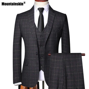 

Mountainskin New Men's Three Piece Suit Mens Plaid Formal Business Suit Fashion Wedding Dress Suit Male High Quality MT022