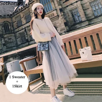 

Women Sets O-Neck Leisure Solid All-match Knitting Elegant Clothes Womens Kawaii Mesh Skirt Korean Style Winter 2 Piece Set Chic