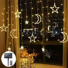 Christmas Decoration Solar Powered Led Curtain Lights with Stars Moons Dimmable 8 Lighting Modes with Timer Twinkle String Light