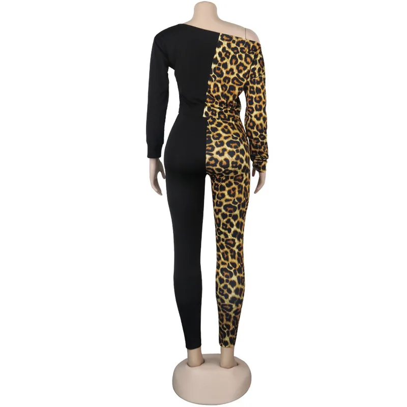 Леопардовый лоскутный сексуальный комплект из 2 предметов женские костюмы с наклонным плечом укороченный Топ с длинным рукавом и длинные штаны размера плюс комплект из двух предметов