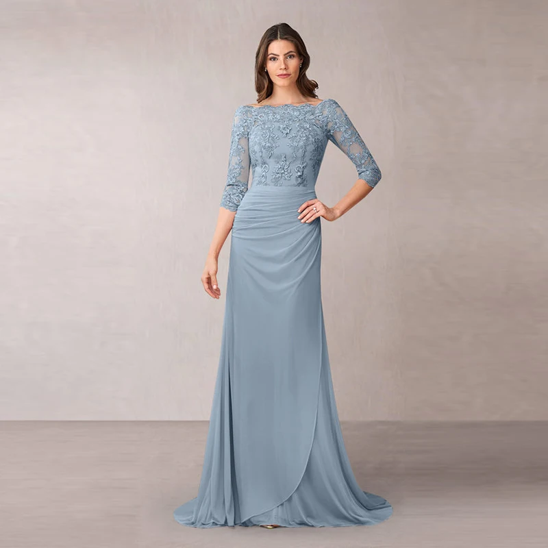 

Stunning Dusty Blue A Line Lace Boat Neck Mother of the Bride Dresses Three Quarter Sleeve Wedding Party Gowns Pleating Applique
