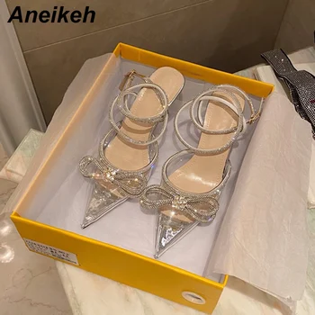 Aneikeh Spring/Autumn 2022 Women's Shoes Fashion Butterfly-Knot Narrow Band Bling Patchwork Cross-Tied Crystal Pointed Toe Pumps 1