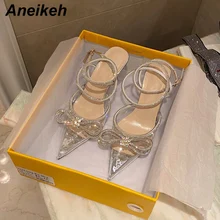 

Aneikeh Spring/Autumn 2022 Women's Shoes Fashion Butterfly-Knot Narrow Band Bling Patchwork Cross-Tied Crystal Pointed Toe Pumps