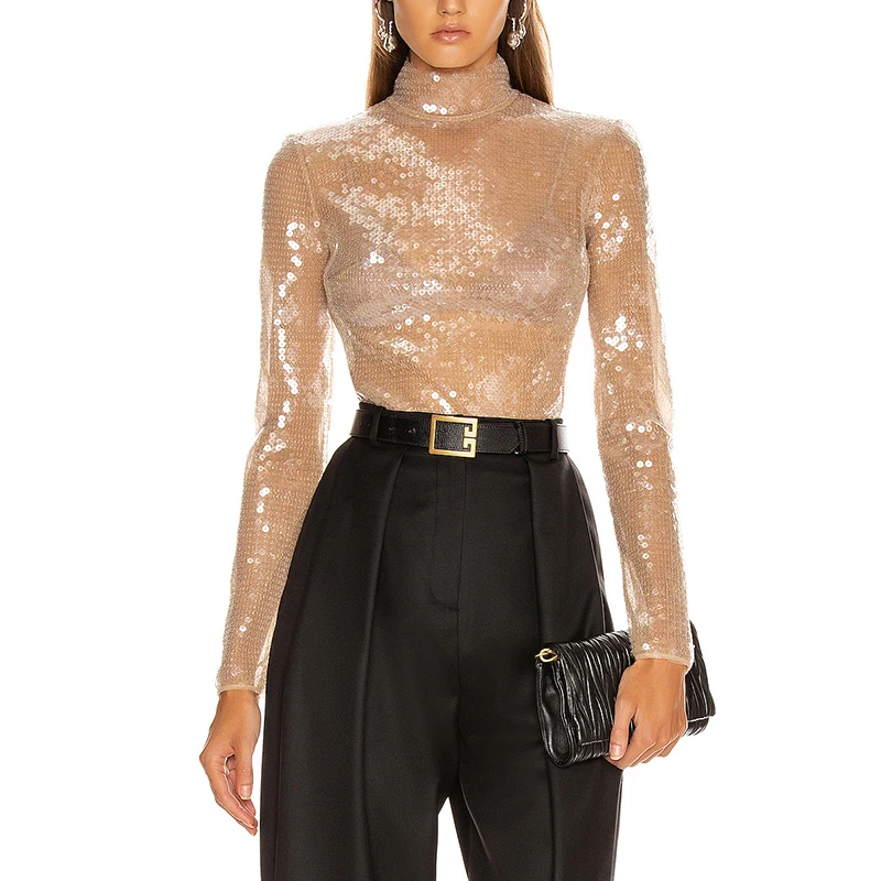 Women'S Bodysuits 2020 Summer New Sexy Apricot Long-Sleeved Sequined Turtleneck Bodycon Celebrity Club Party Bodysuit Female Women'S Bodysuits 2020 Summer New Sexy Apricot Long-Sleeved Sequined Turtleneck Bodycon Celebrity Club Party Bodysuit Female