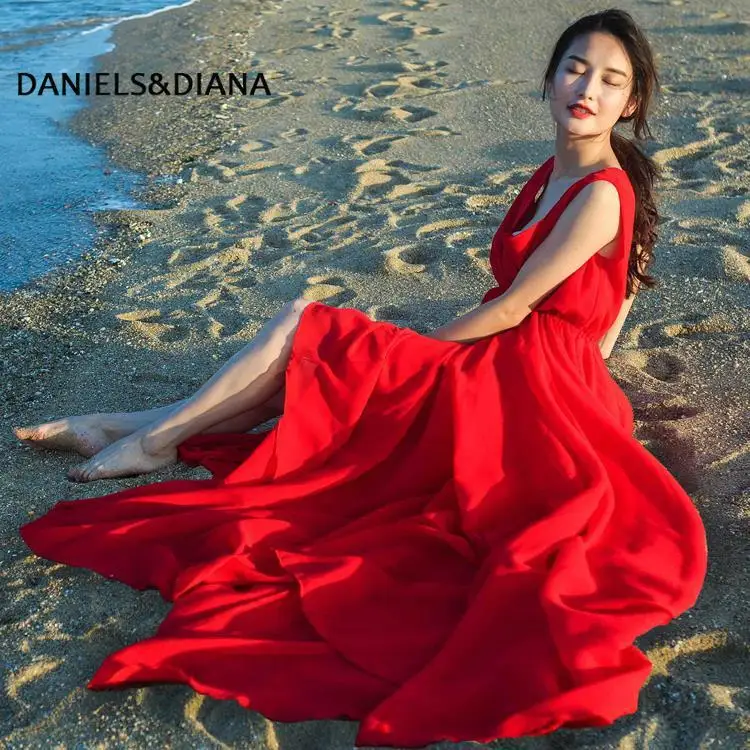 

2020 New Summer and Autumn New Bohemian Holiday Dress Red Skirt Large V-neck Mopping Chiffon Dress Popular Style