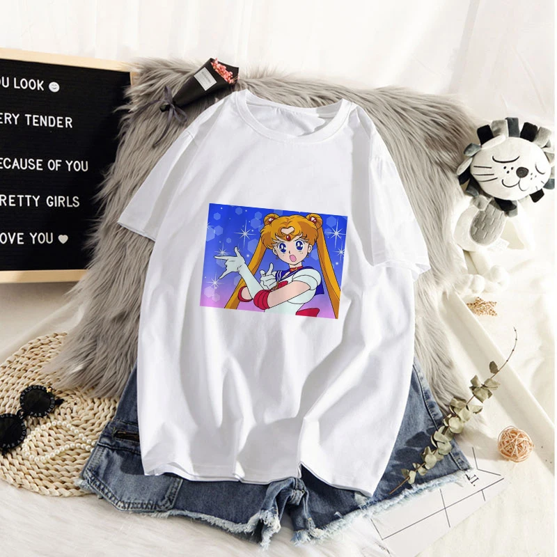 

Sailor Moon Kawaii T Shirt Women Harajuku Ullzang Cute T-shirt 90s Graphic Aesthetic Female Tshirt Korean Style Cute Top Tees